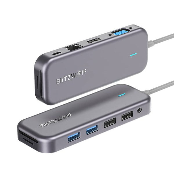Adapter Blitzwolf BW-TH8 USB-C To HDMI 4K / 1x VGA / 2x USB 3.0 / 2x USB 2.0 / 1x USB-C PD / SD / MicroSD / RJ45 Ethernet / 1x 3.5mm Audio Port