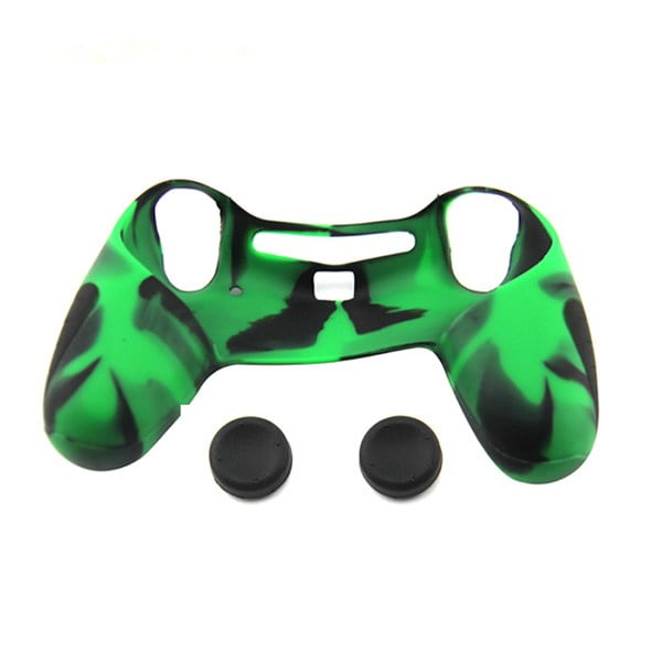 Silicone Case Skin Camouflage Green & Thumbstick Black Grips Caps - PS4 Controller