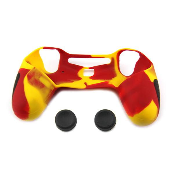 Silicone Case Skin Camouflage Red / Yellow & Thumbstick Black Grips Caps - PS4 Controller